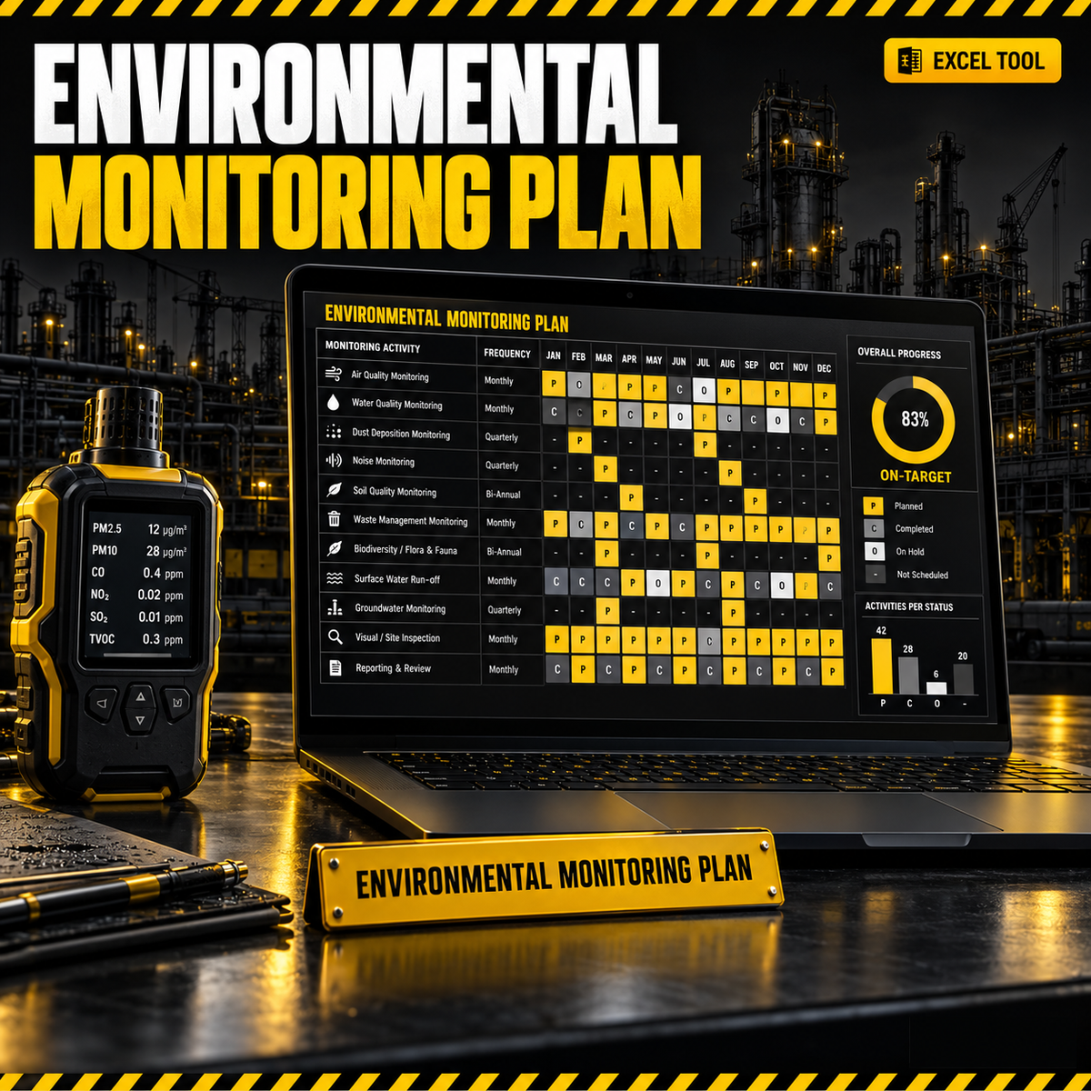 Environmental Monitoring Plan — 12-Month Schedule, KPIs & Dashboard (Excel)
