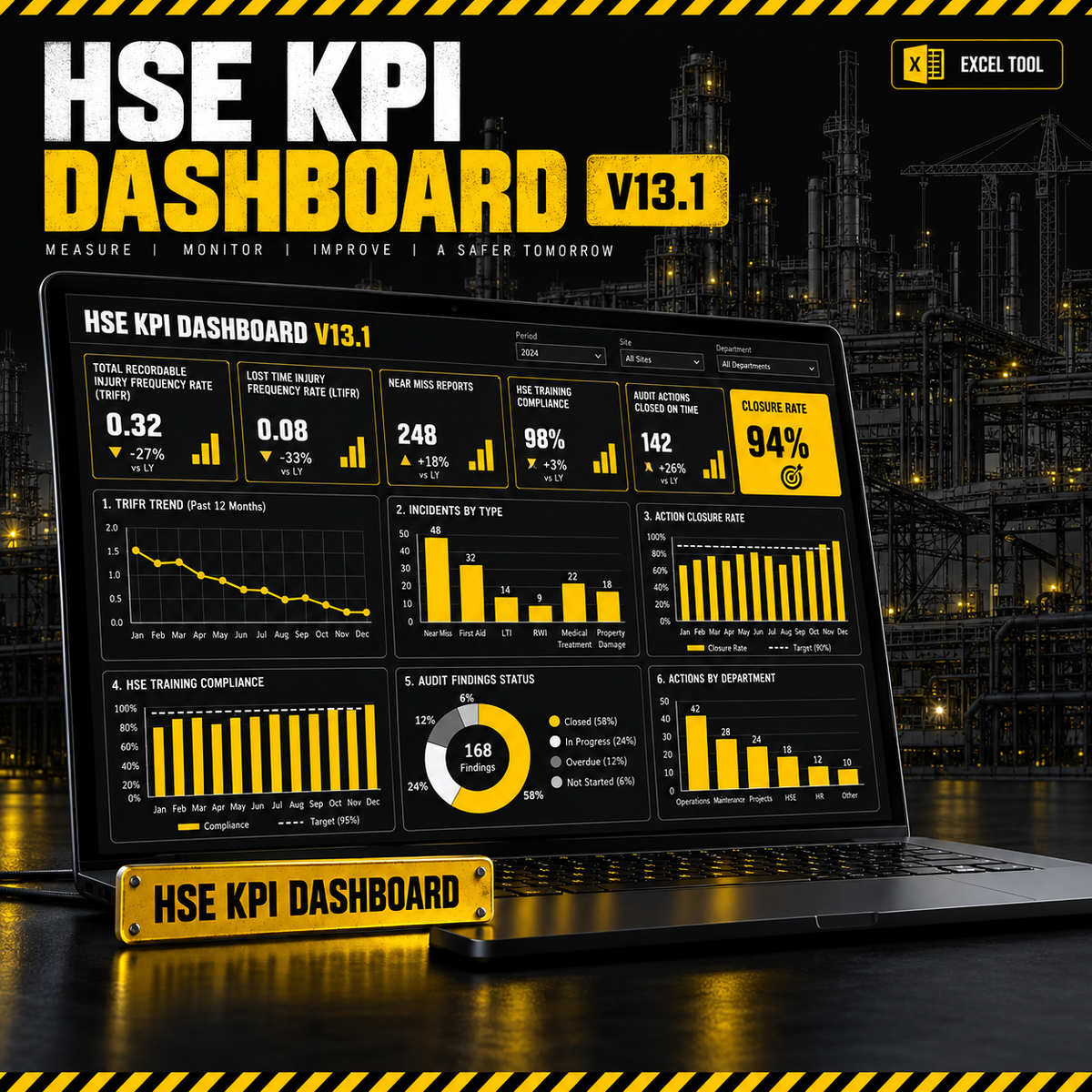 HSE KPI Dashboard V13.1 — Leading & Lagging Indicators (Excel)