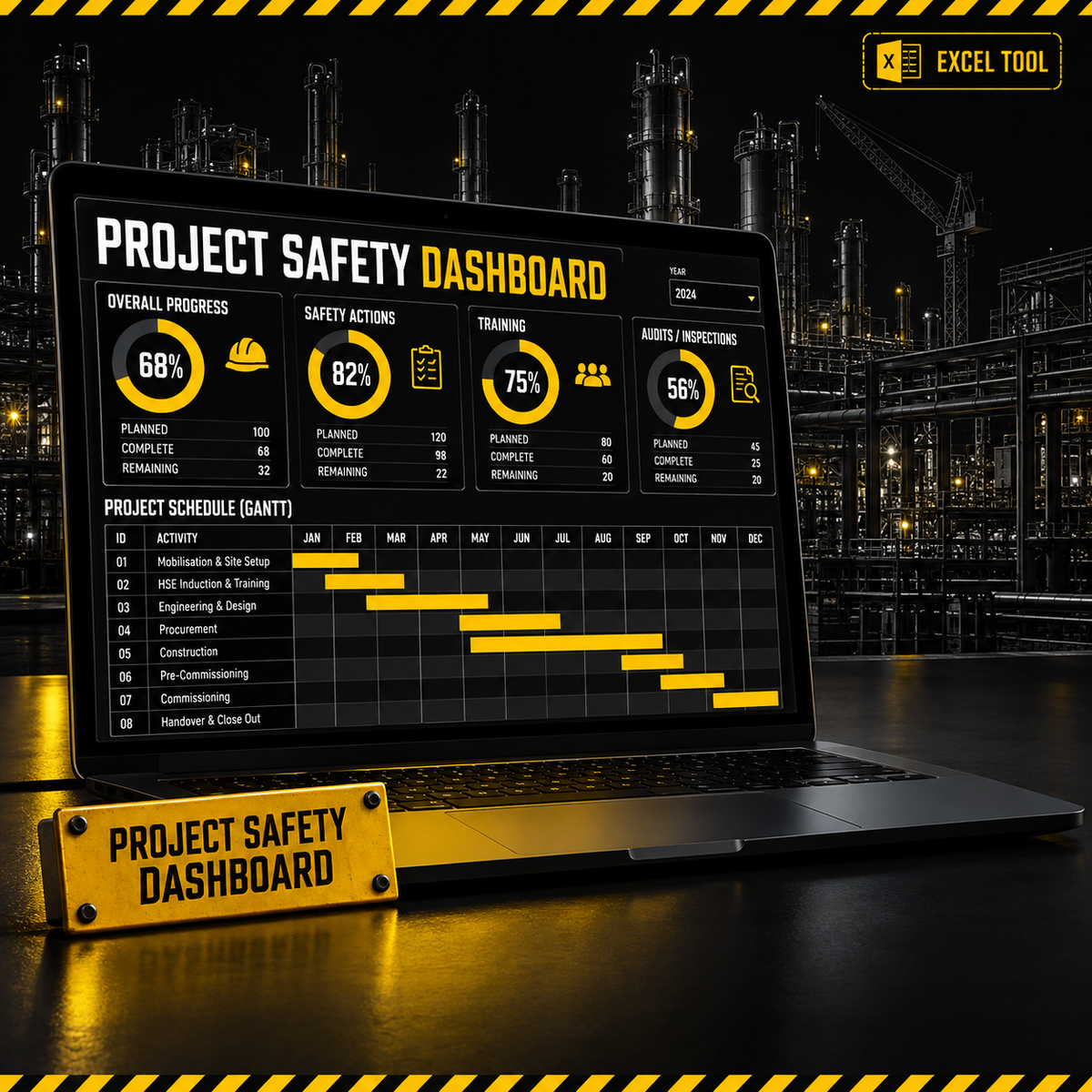 Project Safety Dashboard with Gantt Chart (Excel)